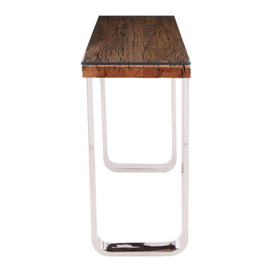 Natural Wood and Clear Glass Top Console Table with Silver U-Shaped Metal Legs | Kerala