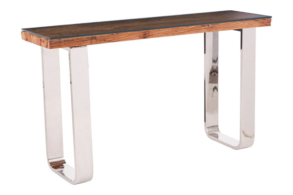 Natural Wood and Clear Glass Top Console Table with Silver U-Shaped Metal Legs | Kerala