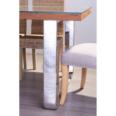 Natural Wood and Clear Glass Top Console Table with Silver U-Shaped Metal Legs | Kerala