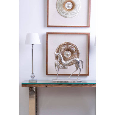 Natural Wood and Clear Glass Top Console Table with Silver U-Shaped Metal Legs | Kerala