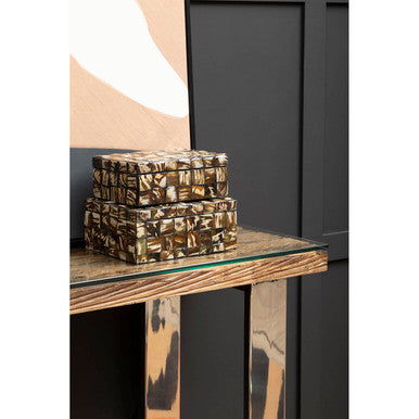 Natural Wood and Clear Glass Top Console Table with Silver U-Shaped Metal Legs | Kerala