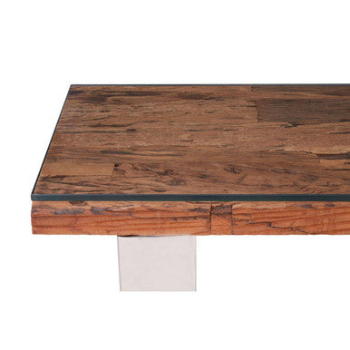 Natural Wood and Clear Glass Top Console Table with Silver U-Shaped Metal Legs | Kerala
