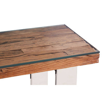 Natural Wood and Clear Glass Top Console Table with Silver U-Shaped Metal Legs | Kerala