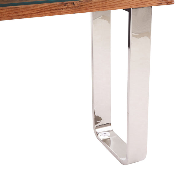 Natural Wood and Clear Glass Top Console Table with Silver U-Shaped Metal Legs | Kerala