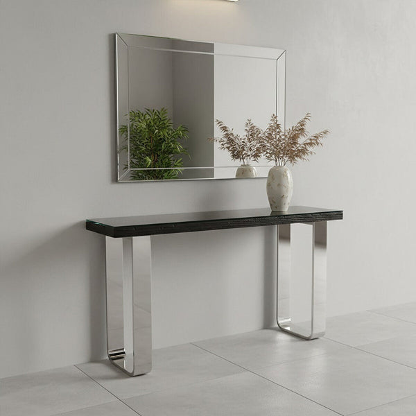 Black Wood and Clear Glass Top Console Table with Silver U-Shaped Metal Legs | Kerala