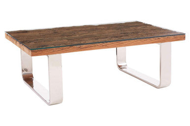 Natural Wood and Clear Glass Top Coffee Table with Silver U-Shaped Metal Legs | Kerala
