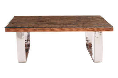 Natural Wood and Clear Glass Top Coffee Table with Silver U-Shaped Metal Legs | Kerala
