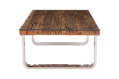 Natural Wood and Clear Glass Top Coffee Table with Silver U-Shaped Metal Legs | Kerala