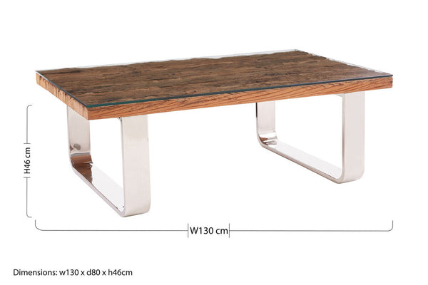 Natural Wood and Clear Glass Top Coffee Table with Silver U-Shaped Metal Legs | Kerala