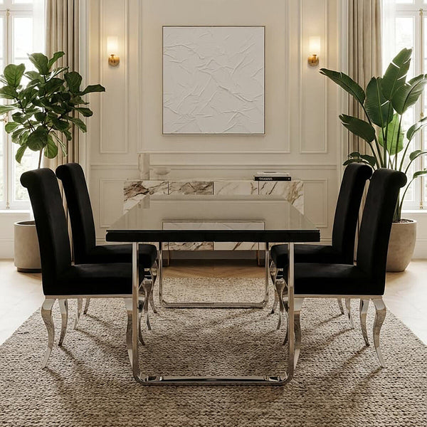 Large Black Pinewood and Clear Glass Top Dining Table with Silver U-Shaped Metal Legs | Kerala