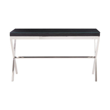 Black Wood and Clear Glass Top Console Table with Silver Crossed Legs | Kerala