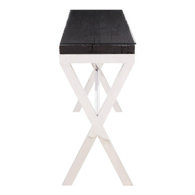 Black Wood and Clear Glass Top Console Table with Silver Crossed Legs | Kerala