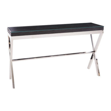 Black Wood and Clear Glass Top Console Table with Silver Crossed Legs | Kerala