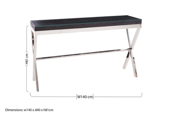 Black Wood and Clear Glass Top Console Table with Silver Crossed Legs | Kerala