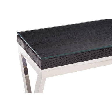 Black Wood and Clear Glass Top Console Table with Silver Crossed Legs | Kerala