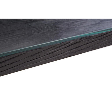 Black Wood and Clear Glass Top Console Table with Silver Crossed Legs | Kerala