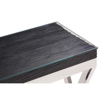 Black Wood and Clear Glass Top Console Table with Silver Crossed Legs | Kerala