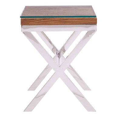 Natural Sal Wood and Clear Glass Top Side Table with White Crossed Legs | Kerala