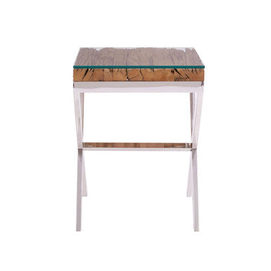 Natural Sal Wood and Clear Glass Top Side Table with White Crossed Legs | Kerala
