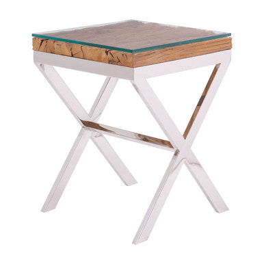 Natural Sal Wood and Clear Glass Top Side Table with White Crossed Legs | Kerala