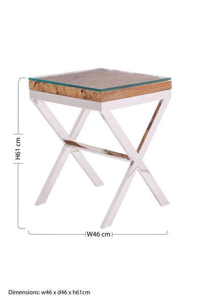 Natural Sal Wood and Clear Glass Top Side Table with White Crossed Legs | Kerala
