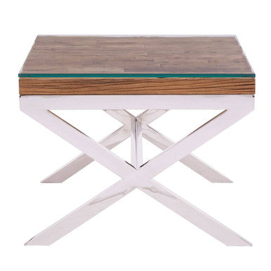 Square Natural Wood and Clear Glass Top End Table with Silver Cross Base | Kerala
