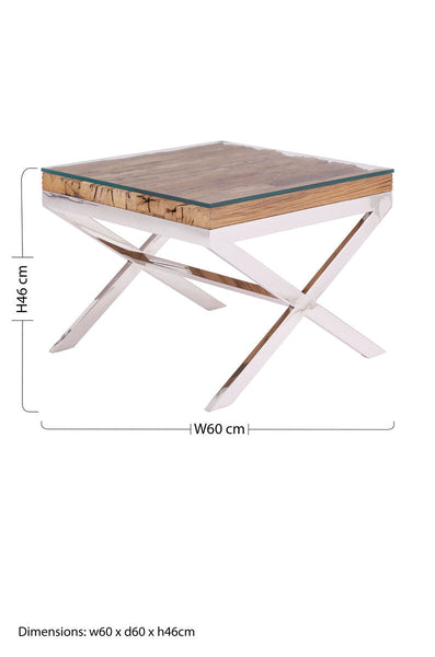 Square Natural Wood and Clear Glass Top End Table with Silver Cross Base | Kerala