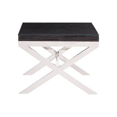 Square Black Wood and Clear Glass Top End Table with Silver Cross Base | Kerala