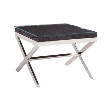 Square Black Wood and Clear Glass Top End Table with Silver Cross Base | Kerala