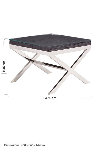 Square Black Wood and Clear Glass Top End Table with Silver Cross Base | Kerala