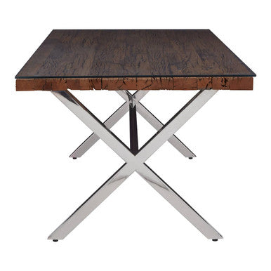 Square Natural Wood and Clear Glass Top Dining Table with Grey Cross Base | Kerala