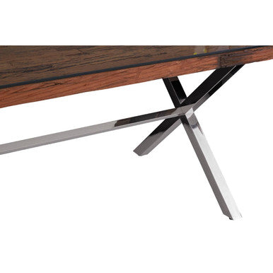 Square Natural Wood and Clear Glass Top Dining Table with Grey Cross Base | Kerala