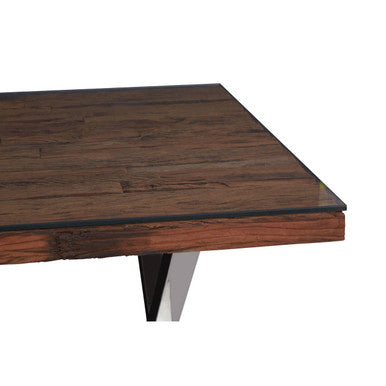 Square Natural Wood and Clear Glass Top Dining Table with Grey Cross Base | Kerala