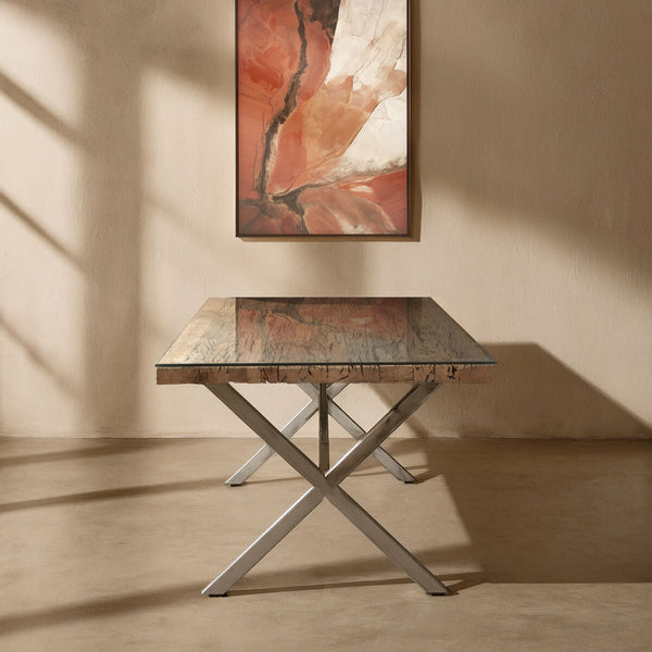 Square Natural Wood and Clear Glass Top Dining Table with Grey Cross Base | Kerala