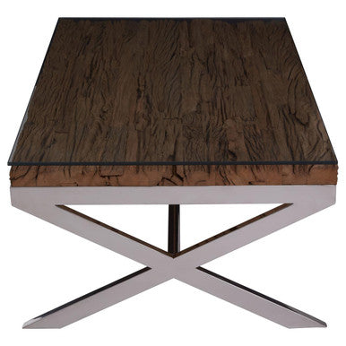 Square Natural Wood and Clear Glass Top Coffee Table with Silver Cross Base | Kerala