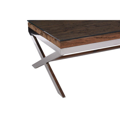 Square Natural Wood and Clear Glass Top Coffee Table with Silver Cross Base | Kerala