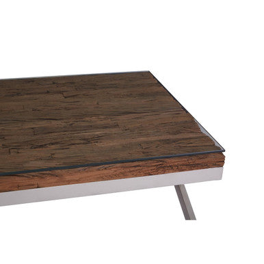 Square Natural Wood and Clear Glass Top Coffee Table with Silver Cross Base | Kerala
