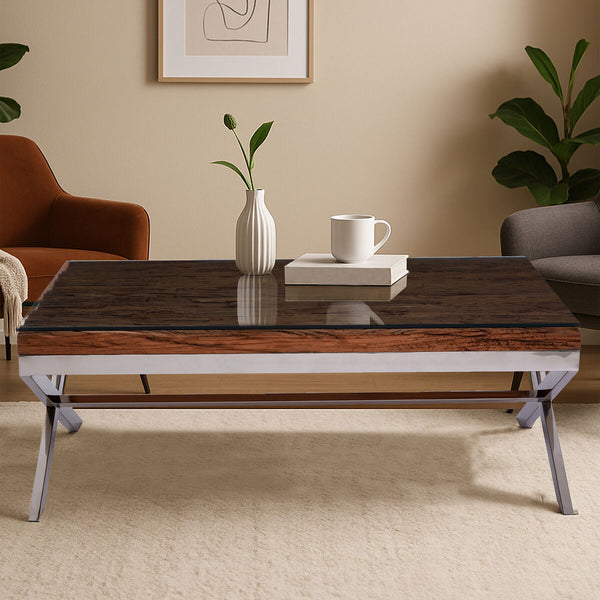 Square Natural Wood and Clear Glass Top Coffee Table with Silver Cross Base | Kerala