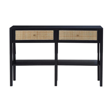 Black Console Table with Sturdy Frame and 2 Rattan-Front Drawers | Corso