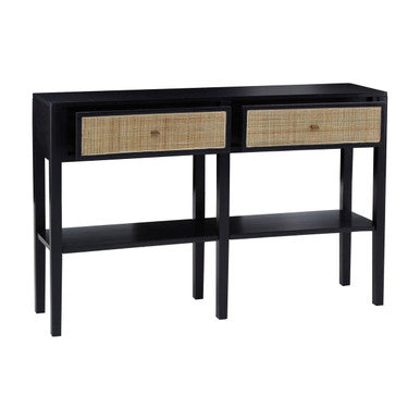 Black Console Table with Sturdy Frame and 2 Rattan-Front Drawers | Corso