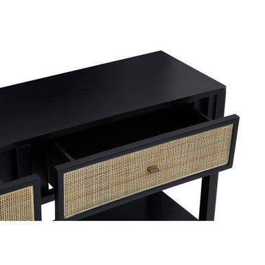 Black Console Table with Sturdy Frame and 2 Rattan-Front Drawers | Corso