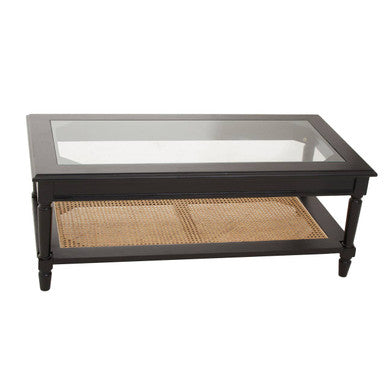 Black Finish Clear Glass Top Coffee Table with Natural Rattan Woven Shelf | Corso
