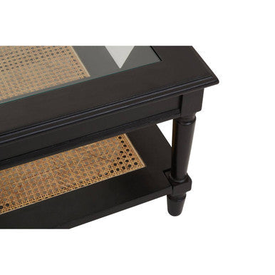 Black Finish Clear Glass Top Coffee Table with Natural Rattan Woven Shelf | Corso