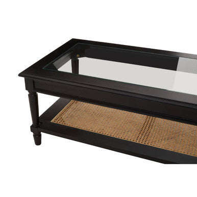 Black Finish Clear Glass Top Coffee Table with Natural Rattan Woven Shelf | Corso