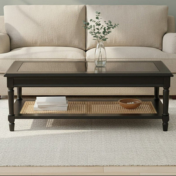 Black Finish Clear Glass Top Coffee Table with Natural Rattan Woven Shelf | Corso