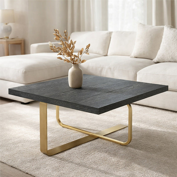 Black and Grey Square Coffee Table with Brushed Gold Base | Lena