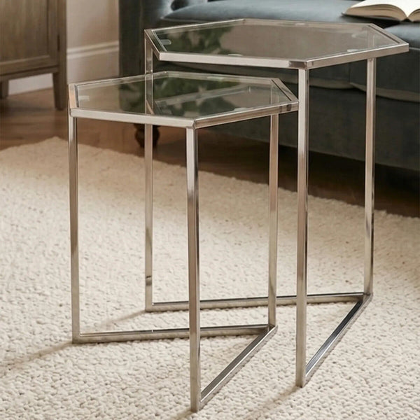 Herber Silver Finish Set of 2 Hexagonal Nesting Tables