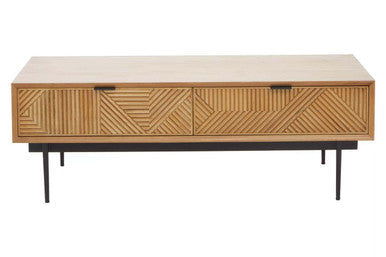 Natural Carved Effect 2-Drawer Coffee Table with Metal Legs | Jakara