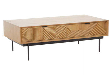 Natural Carved Effect 2-Drawer Coffee Table with Metal Legs | Jakara