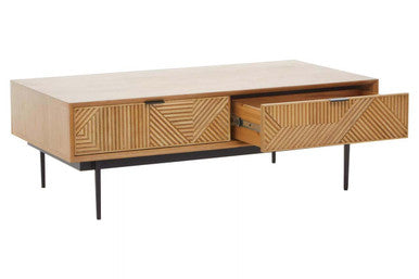 Natural Carved Effect 2-Drawer Coffee Table with Metal Legs | Jakara